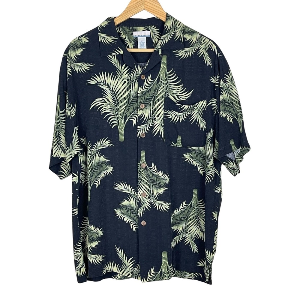 Breakwater Mens Black Palm Leaf Print Aloha Button Up Shirt Medium Tropical 100%